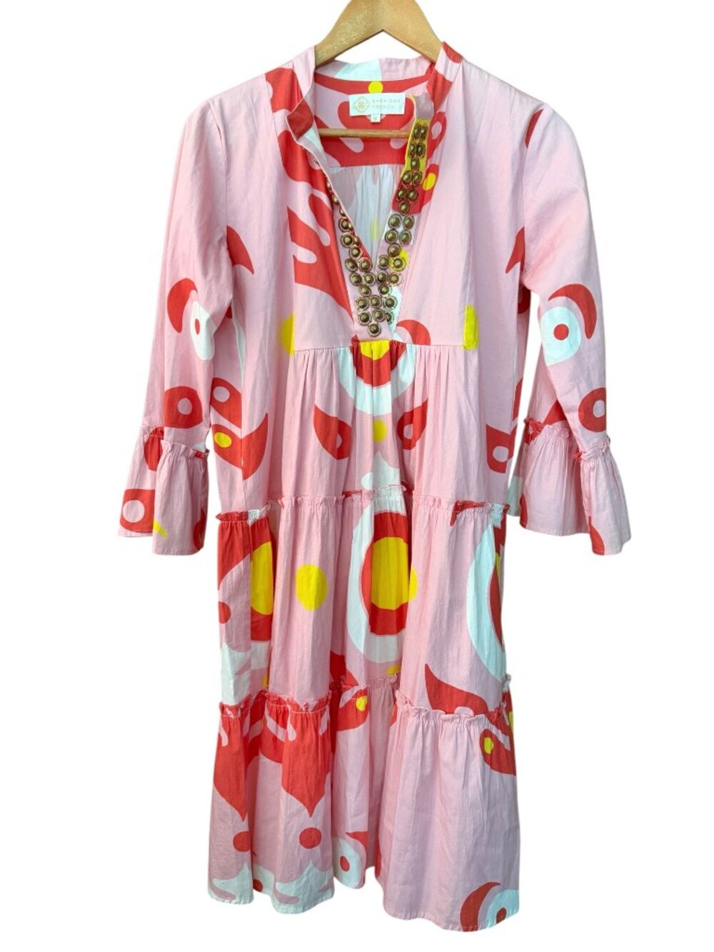 Sheridan French Caty Pink Cotton Studded Flared Sleeve Tiered Dress Women's